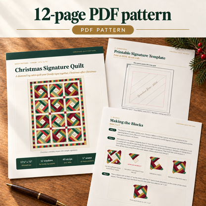 Pages of the 12-page Christmas Signature Quilt PDF pattern: cover, signature template and block steps