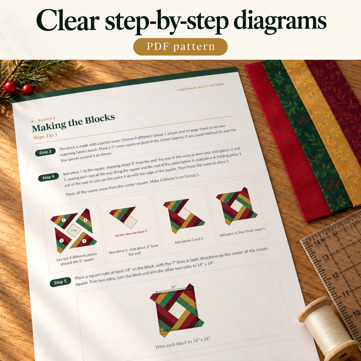 Step-by-step block diagrams in the Christmas Signature Quilt PDF pattern with red, green and gold fabric strips