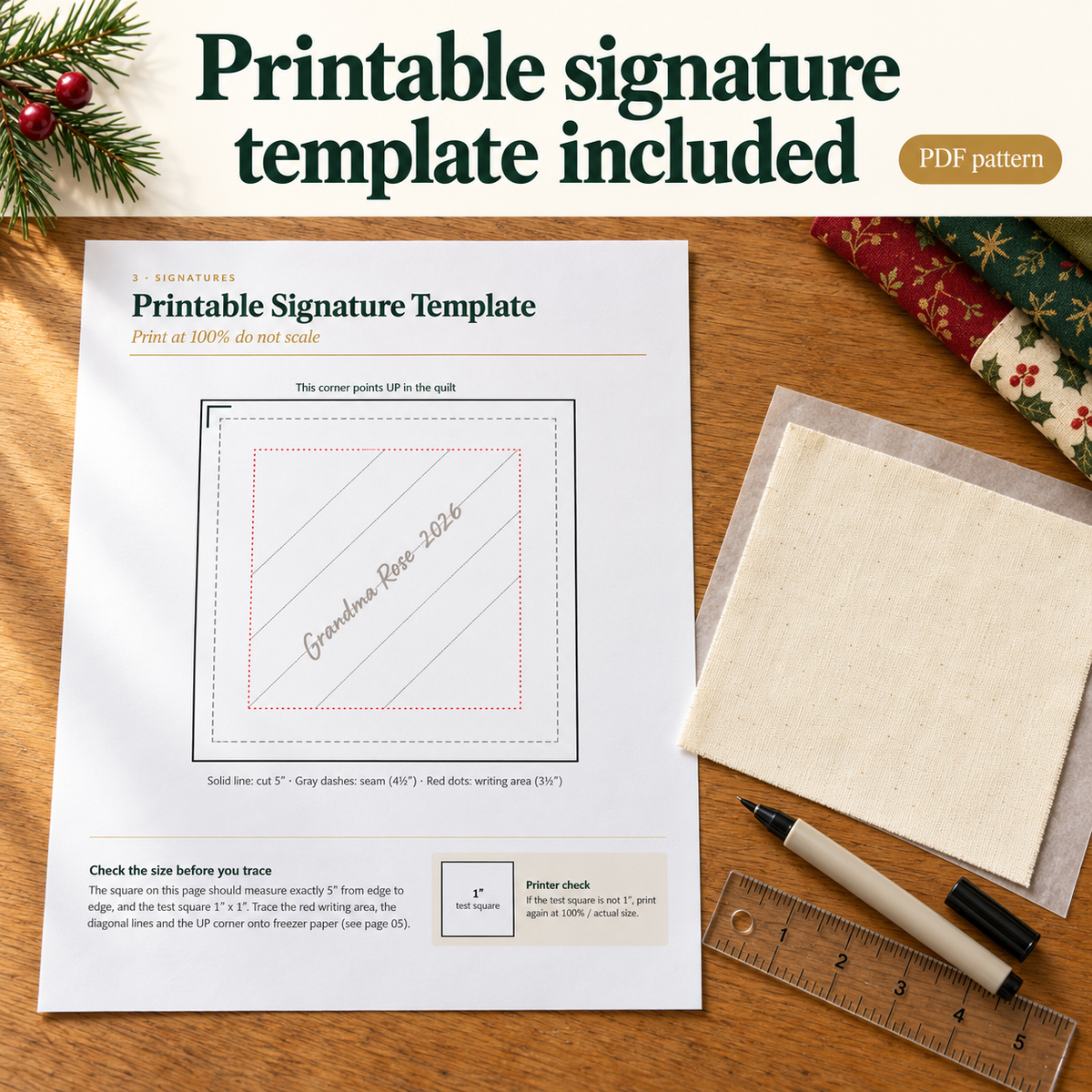 Printable signature template included in the Christmas Signature Quilt pattern, with a cream square and fabric pen