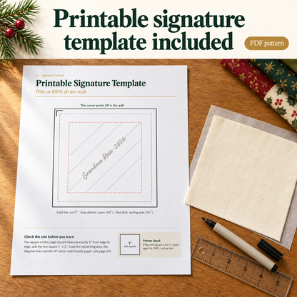 Printable signature template included in the Christmas Signature Quilt pattern, with a cream square and fabric pen