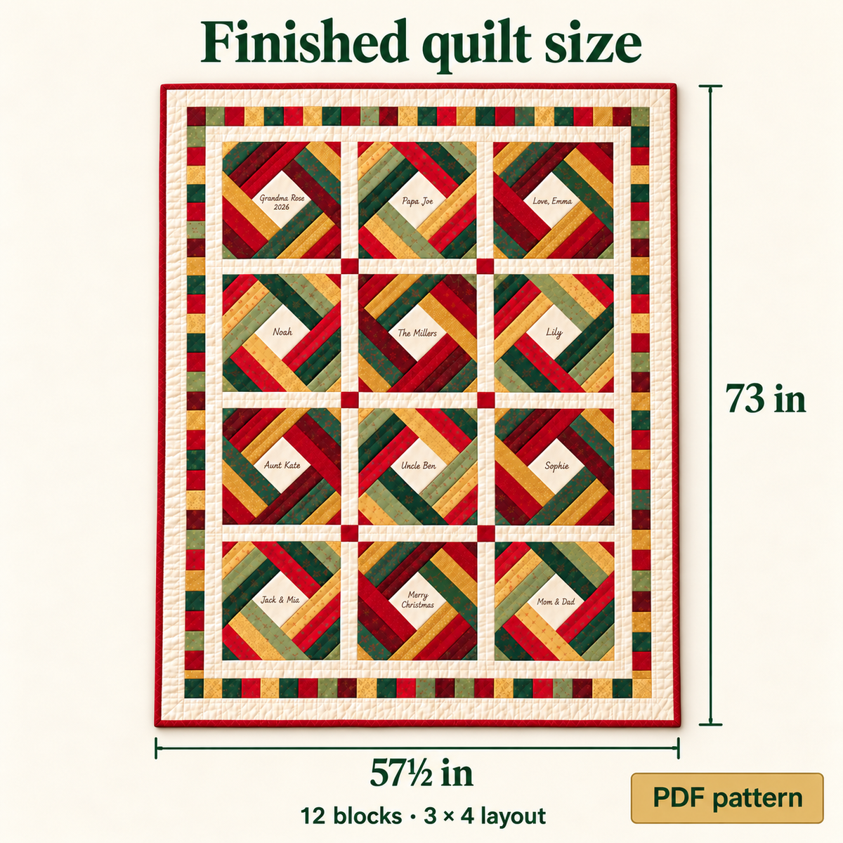 Christmas Signature Quilt finished size 57 1/2 x 73 inches, 12 blocks in a 3 x 4 layout