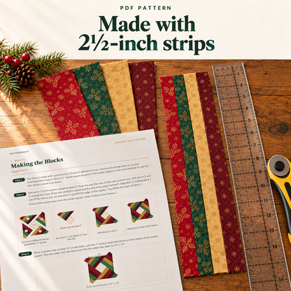 Christmas Signature Quilt made with 2 1/2 inch red, green and gold strips, shown with a ruler and rotary cutter