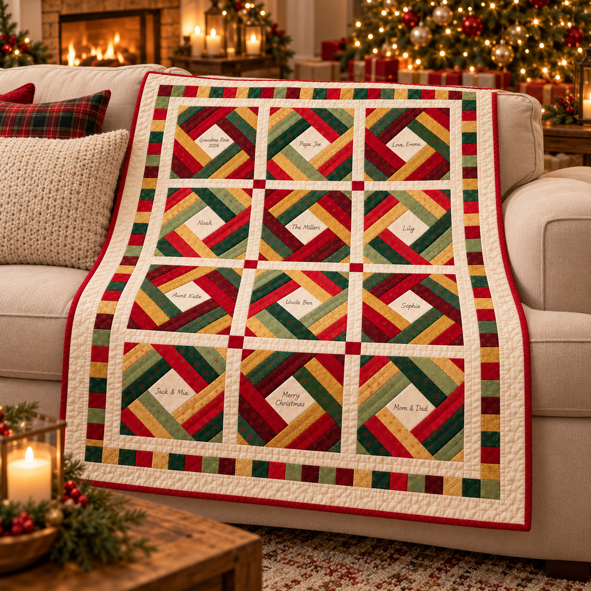 Signed Christmas Signature Quilt on a sofa by the fireplace and Christmas tree