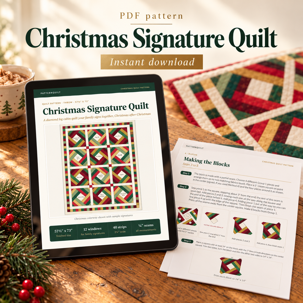 Christmas Signature Quilt PDF pattern on a tablet, instant digital download