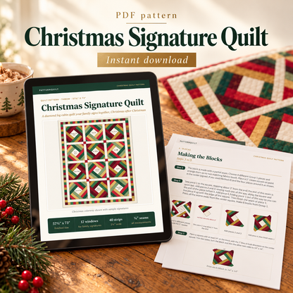 Christmas Signature Quilt PDF pattern on a tablet, instant digital download