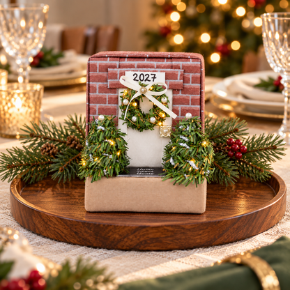 Fabric cottage ornament used as a small holiday table centerpiece for Christmas decor