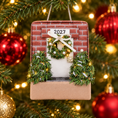 Folded fabric house ornament hanging on a Christmas tree with red and gold decorations