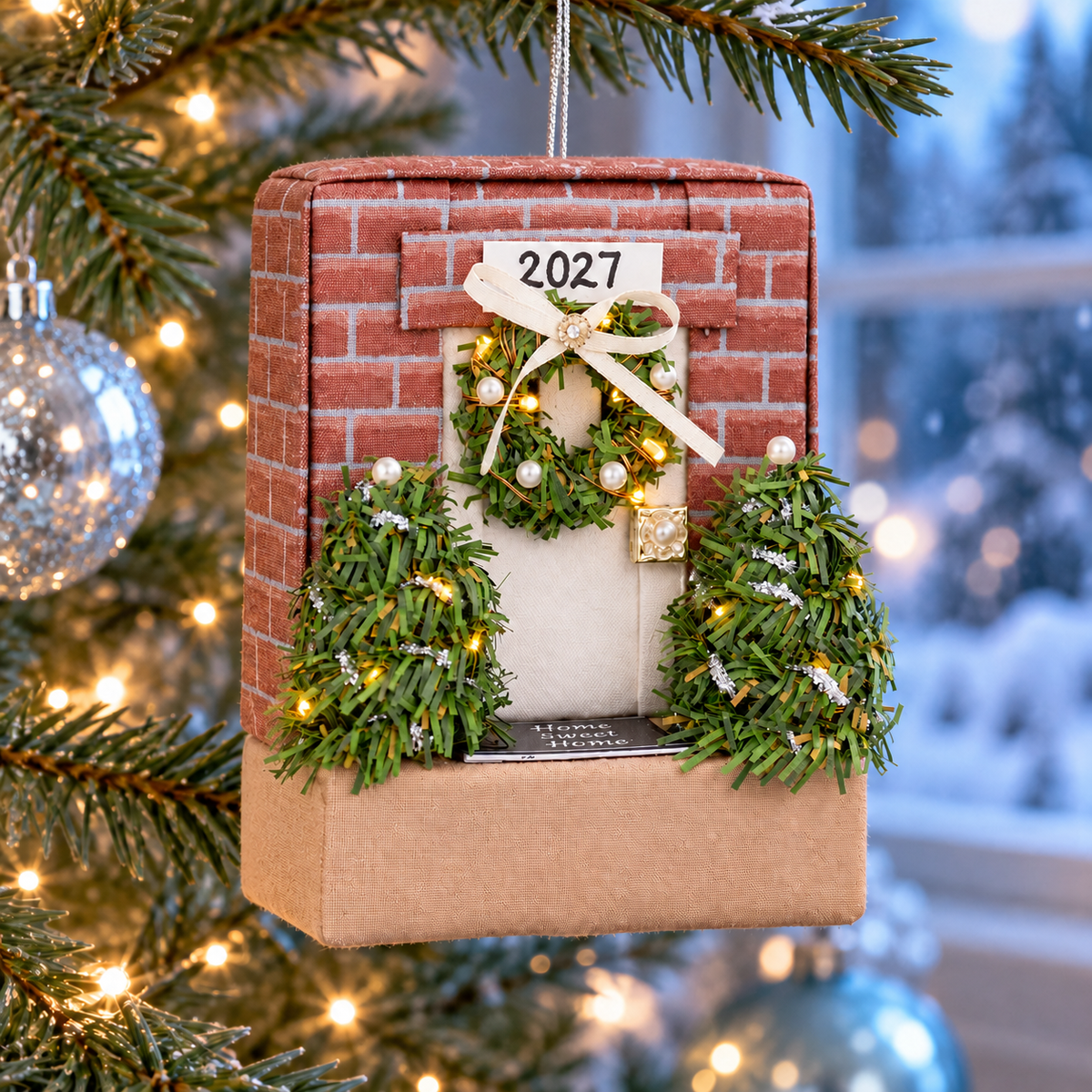 Folded fabric house ornament hanging on a Christmas tree with silver and blue winter decorations