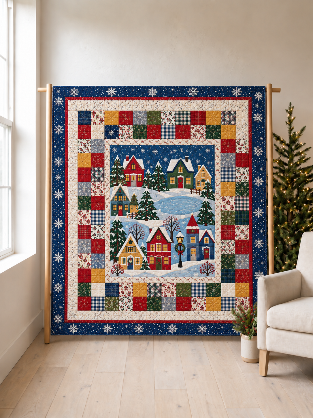 Christmas village panel quilt on a wooden display stand in a bright holiday room; illustrative fabric styling.