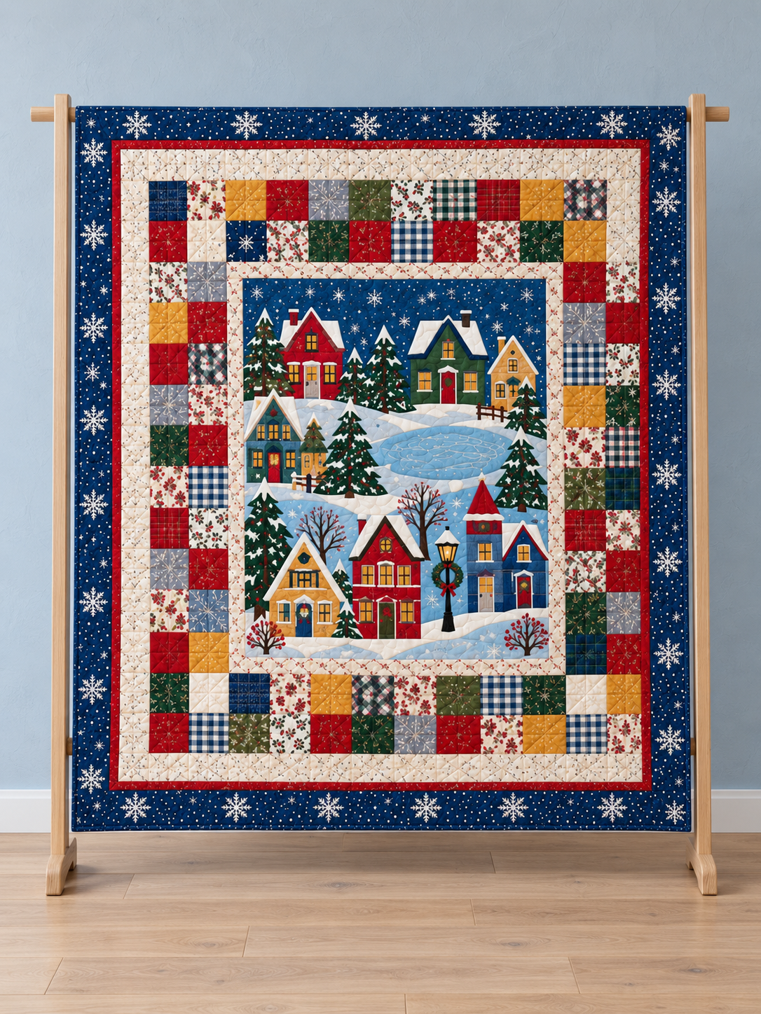 Full front view of a Christmas village panel quilt with navy snowflake and colorful patchwork borders. Illustrative fabric styling.