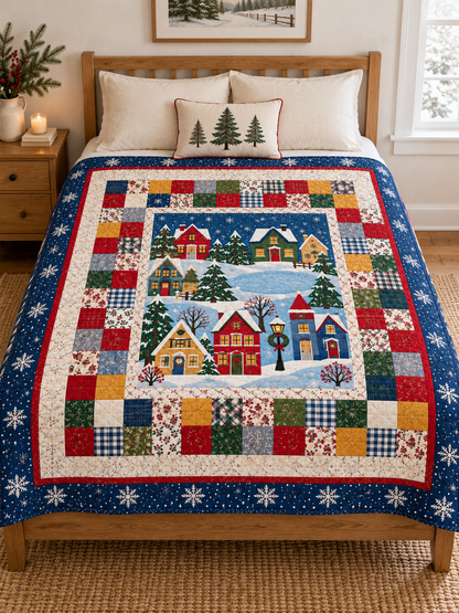 Christmas village quilt styled on an oak bed in a neutral winter bedroom. Illustrative fabric styling.