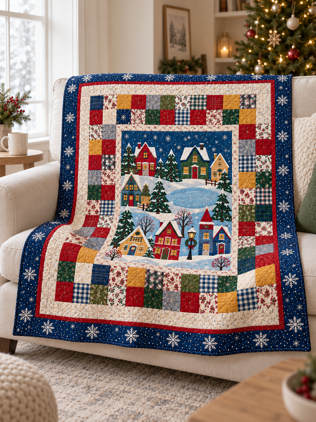 Christmas village quilt draped over a cream sofa in a cozy holiday living room. Illustrative fabric styling.
