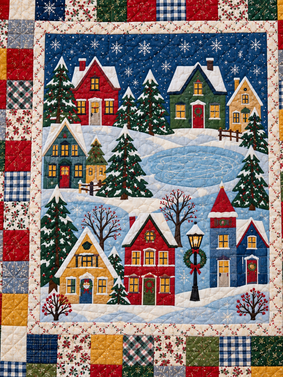 Close view of the snowy village panel, colorful houses, frozen pond and quilting stitches. Illustrative fabric styling.