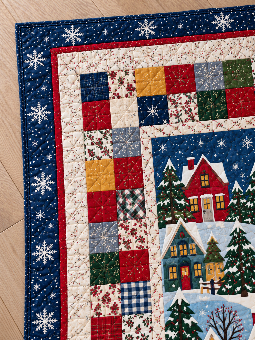 Close view of Christmas quilt patchwork squares, seams and cotton prints. Illustrative fabric styling.