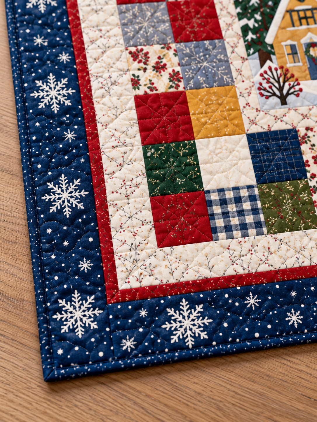 Close view of the navy snowflake border, red accent, cream botanical frame and finished corner. Illustrative fabric styling.