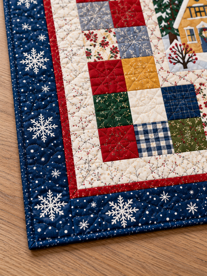 Close view of the navy snowflake border, red accent, cream botanical frame and finished corner. Illustrative fabric styling.