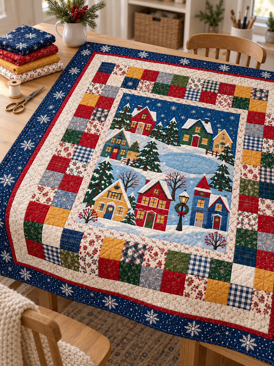 Completed Christmas village quilt on an oak sewing table beside coordinating fabrics and sewing tools. Illustrative fabric styling.