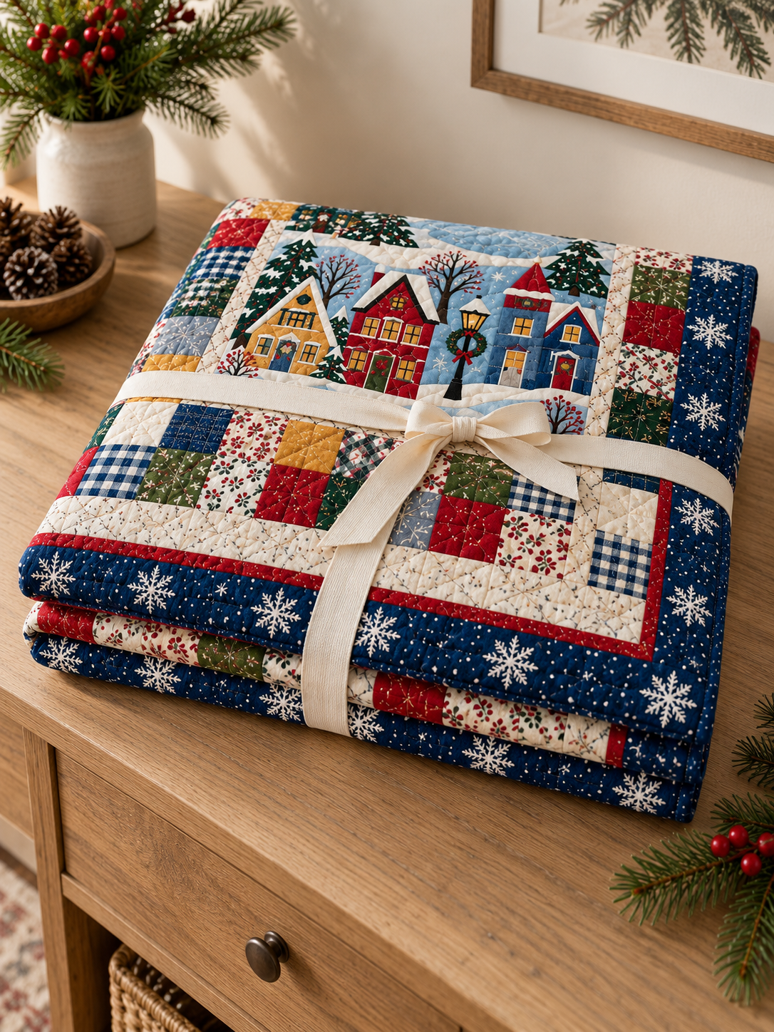 Folded Christmas village quilt tied with an ivory ribbon on a wooden console. Illustrative fabric styling.
