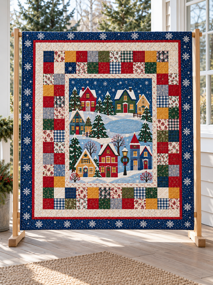 Full Christmas village quilt displayed on a wooden stand on a bright sheltered porch. Illustrative fabric styling.