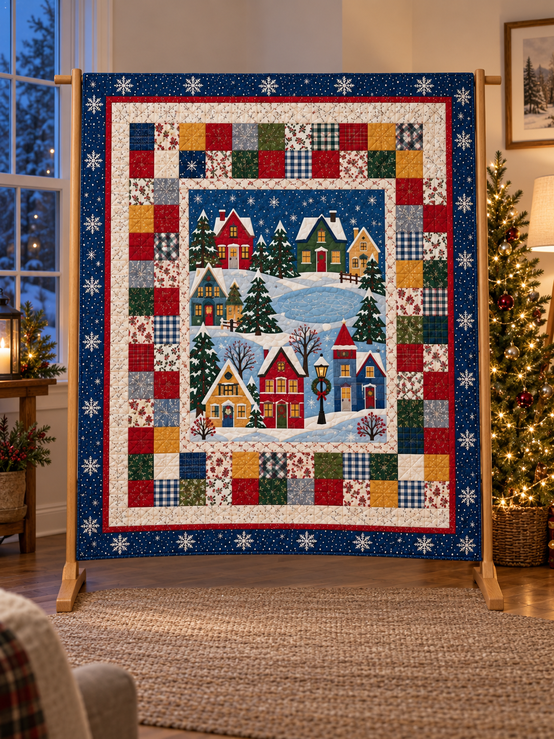 Christmas village quilt displayed beside a softly lit Christmas tree at dusk. Illustrative fabric styling.