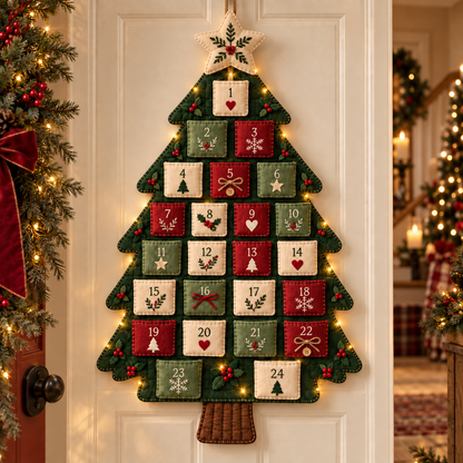 Christmas Wishes felt Advent tree with 24 numbered pockets hanging on a cream door