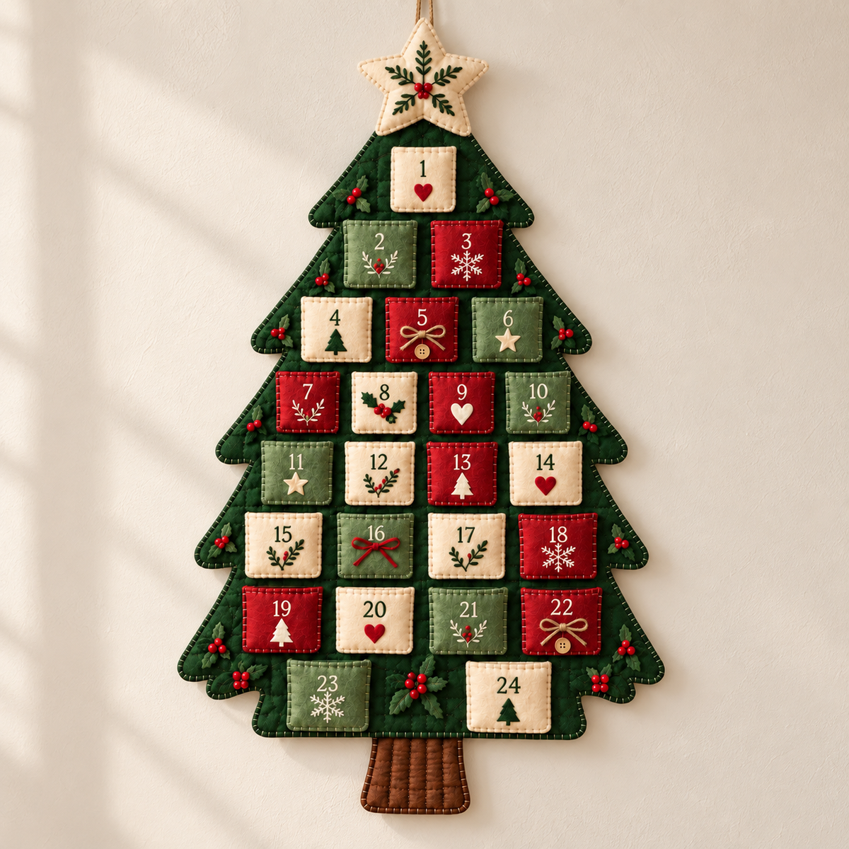 Full Christmas Wishes Advent calendar in forest green, cream, red and sage felt