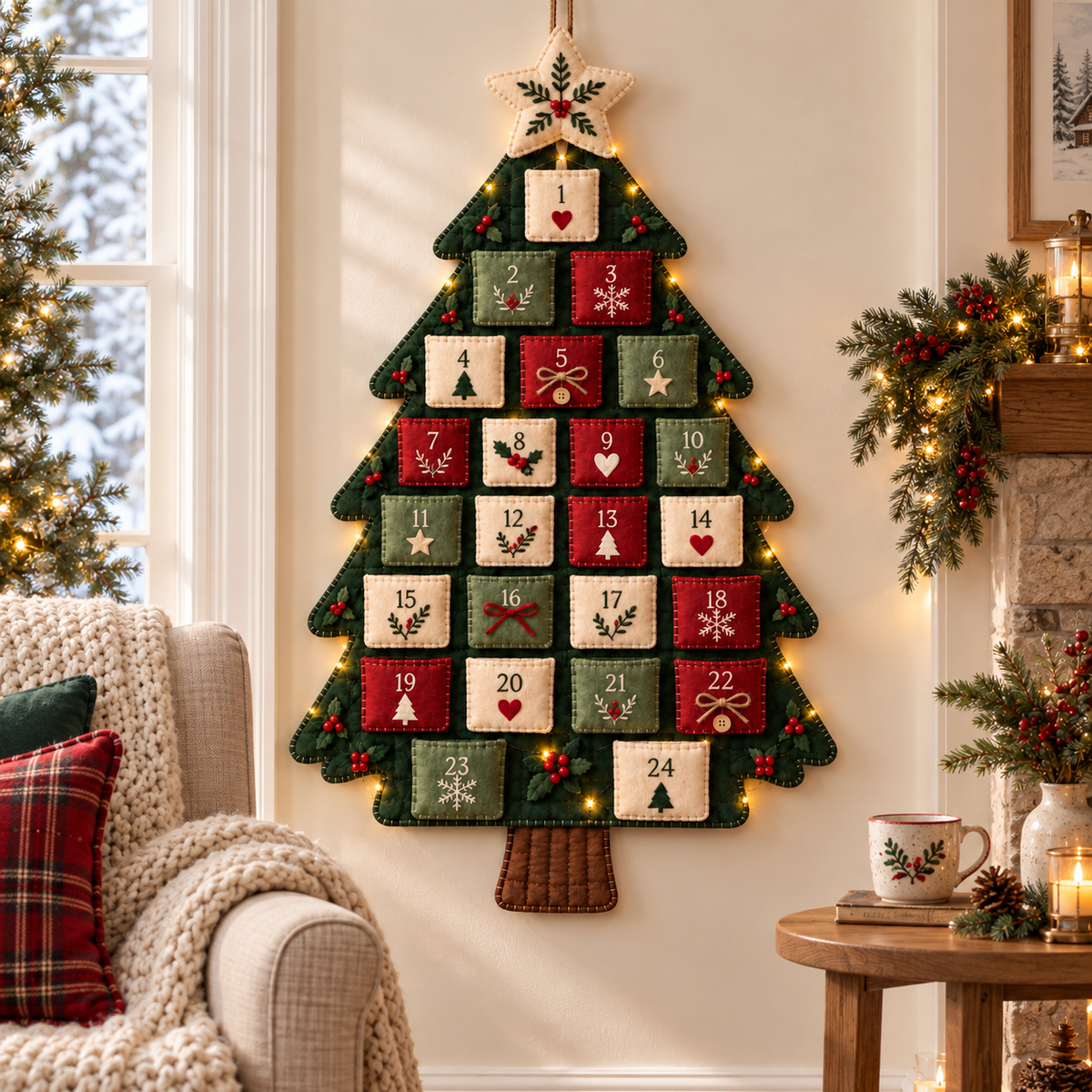 Christmas Wishes Advent tree styled in a cosy Christmas living room