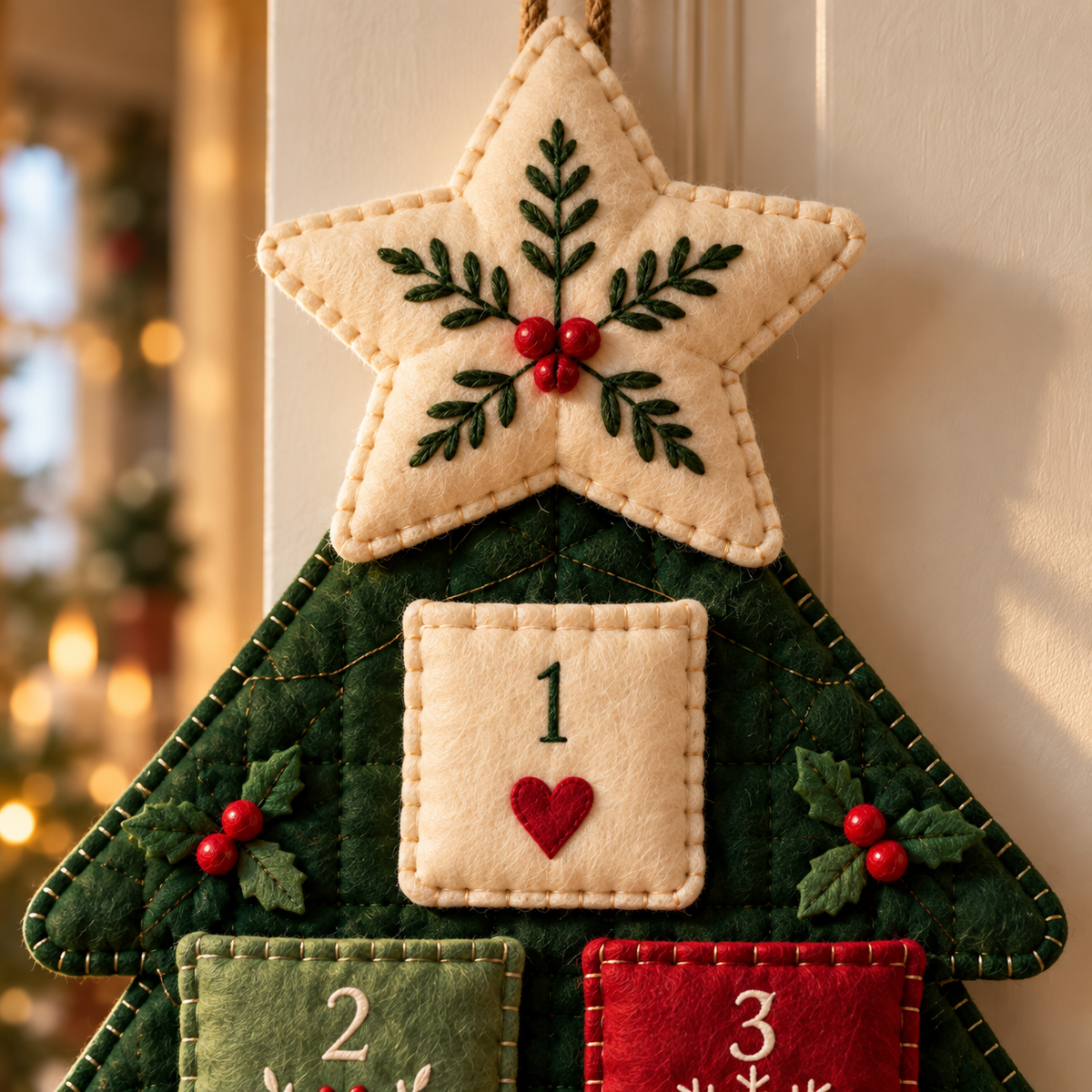 Close-up of the cream felt star with green embroidery and red berries