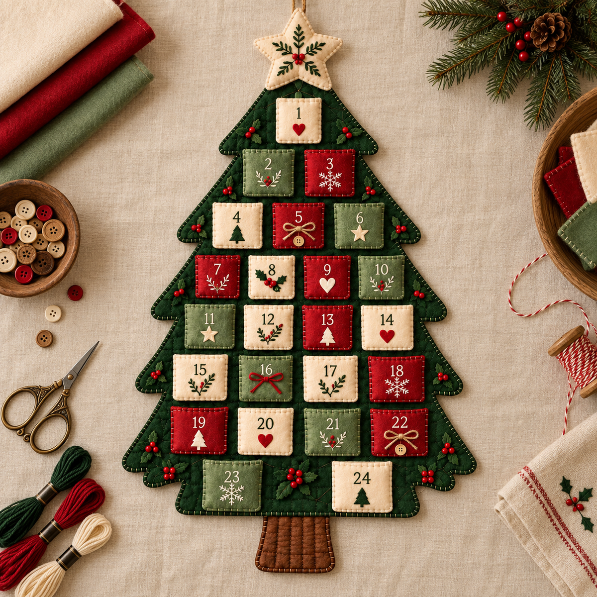 Christmas Wishes felt Advent calendar flat lay with sewing supplies