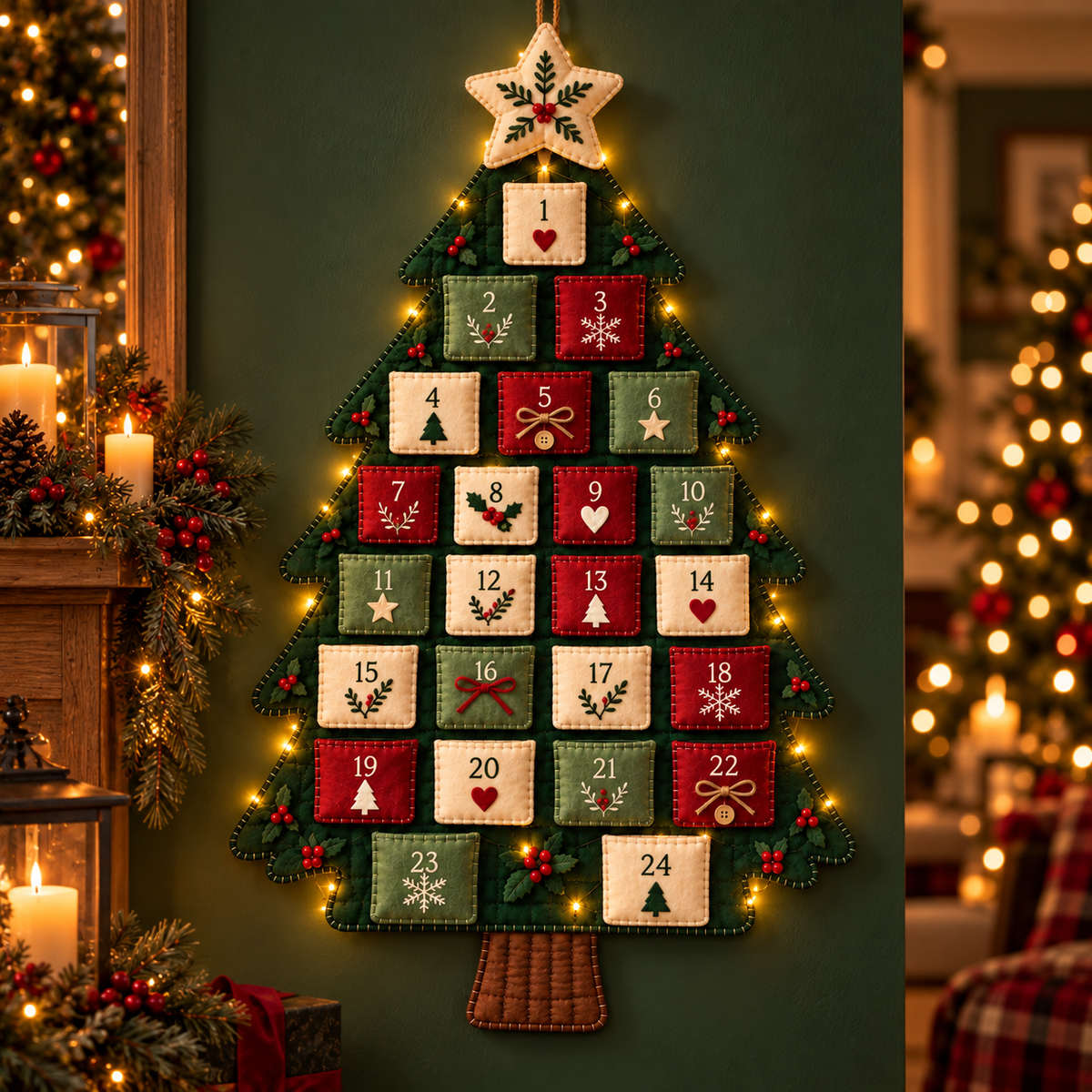 Christmas Wishes Advent tree with warm festive lights against a green wall