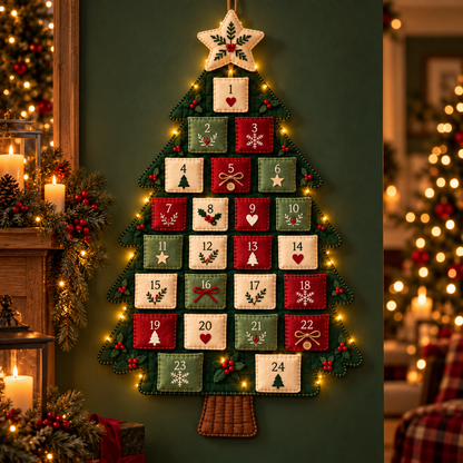 Christmas Wishes Advent tree with warm festive lights against a green wall