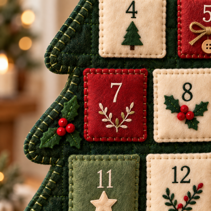 Close-up of holly, felt texture and embroidered pockets 7 and 8