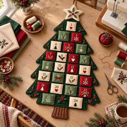 Christmas Wishes Advent calendar on a sewing table with felt and thread