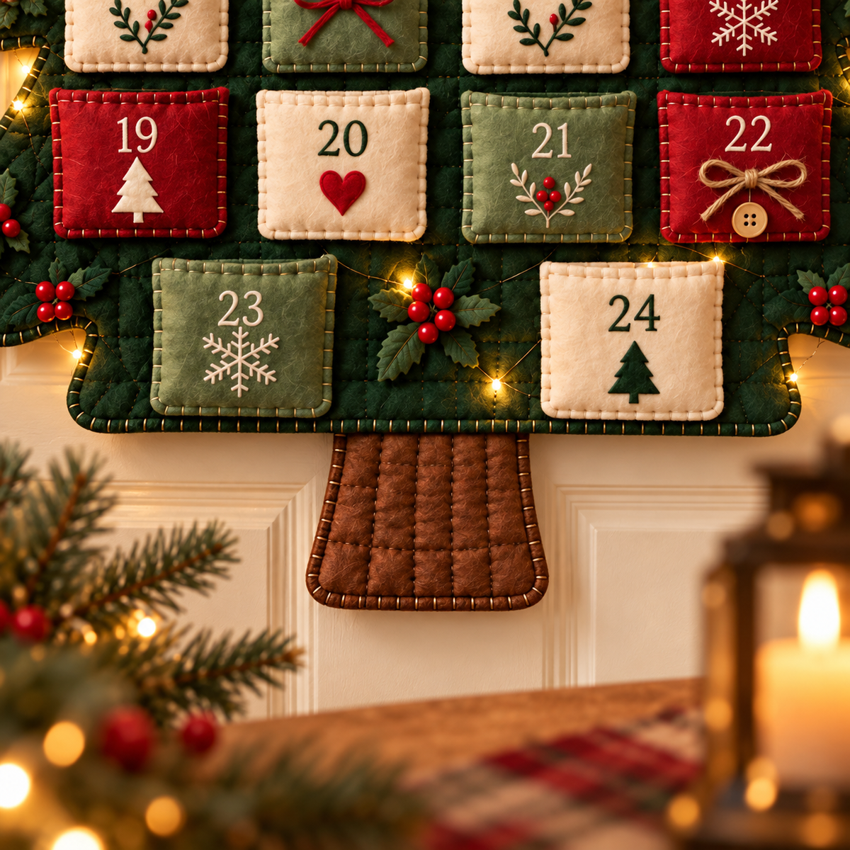 Detail of Advent pockets 19 to 24 and the brown quilted tree trunk