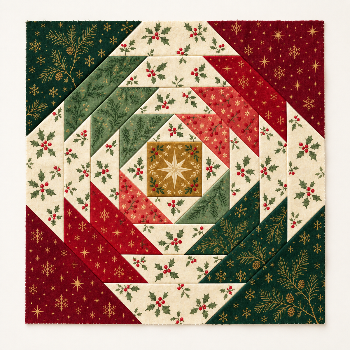 Classic Holly Christmas pineapple quilt block in red, green and ivory printed fabrics