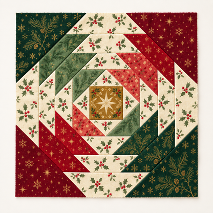 Classic Holly Christmas pineapple quilt block in red, green and ivory printed fabrics