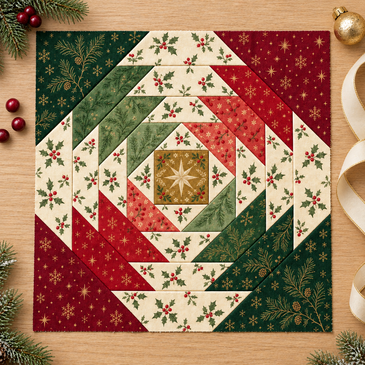 Classic Holly pineapple block with Christmas holly fabrics on a festive craft table