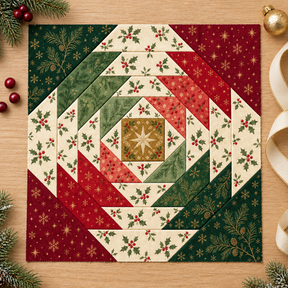 Classic Holly pineapple block with Christmas holly fabrics on a festive craft table