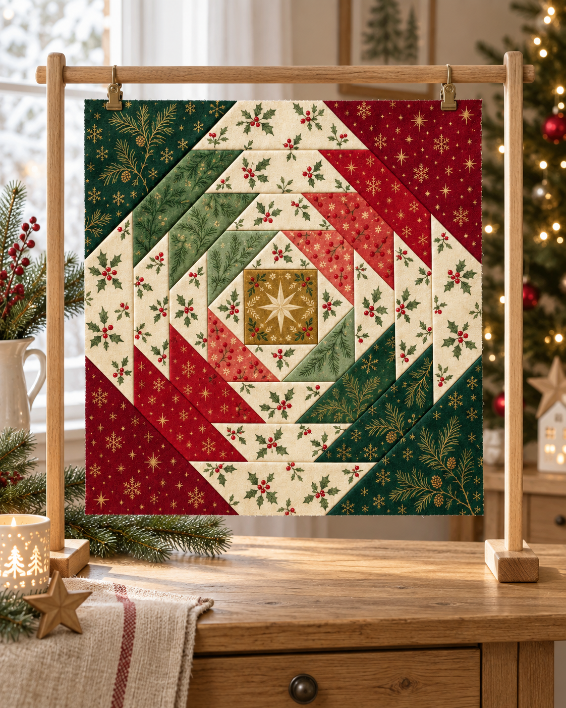 Classic Holly Christmas pineapple block displayed on a small wooden stand