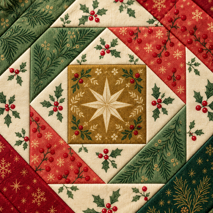 Close-up of the gold fabric center and printed star in the Classic Holly block