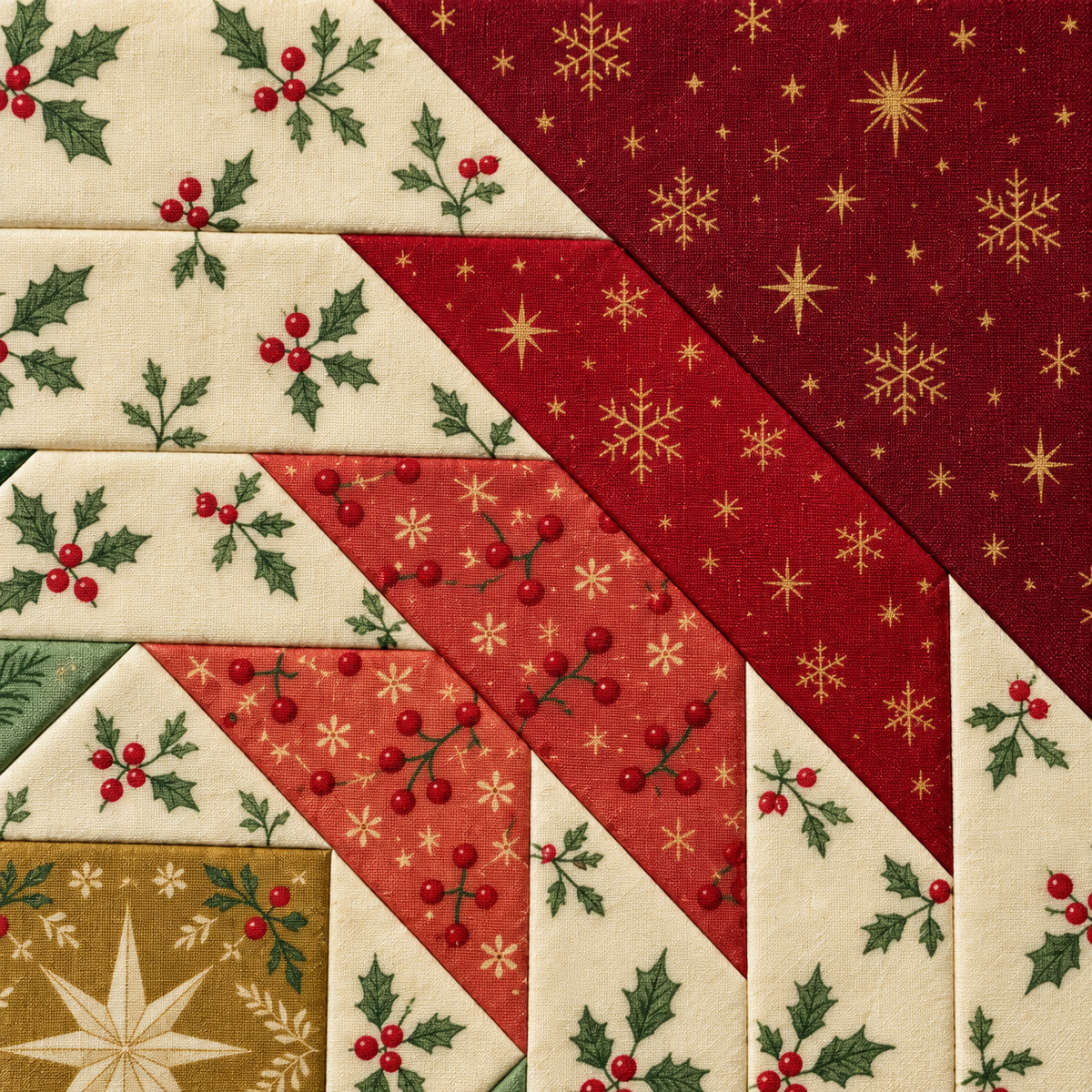 Holly prints and red patchwork seams in the Classic Holly Christmas block