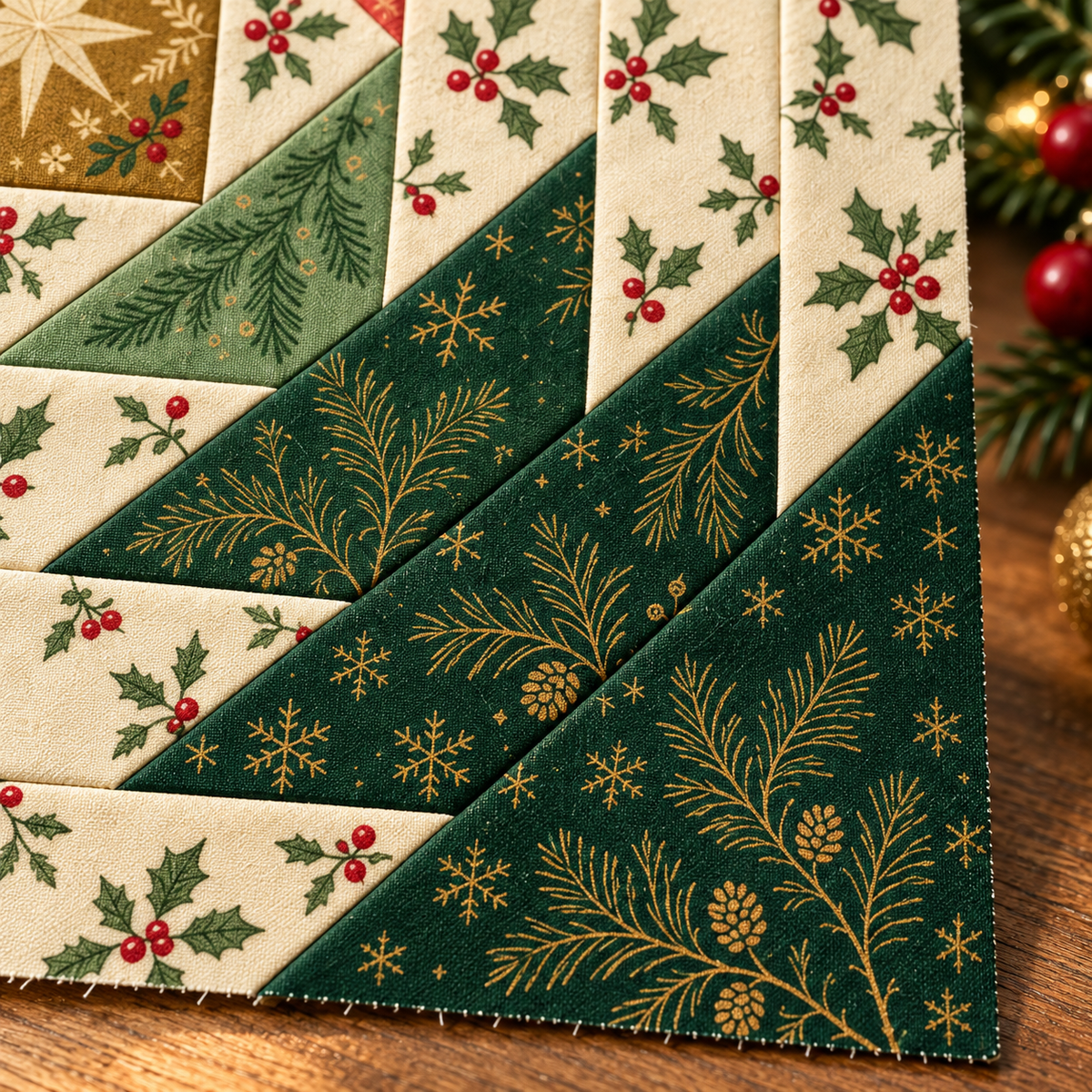 Evergreen and gold botanical fabric detail in the pineapple quilt block