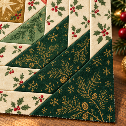 Evergreen and gold botanical fabric detail in the pineapple quilt block