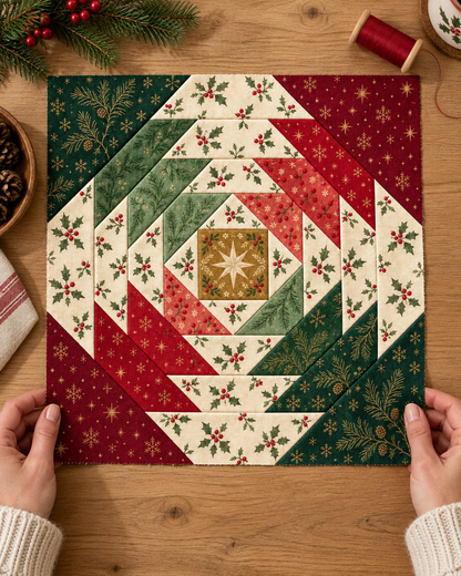 Hands holding a Classic Holly Christmas pineapple quilt block
