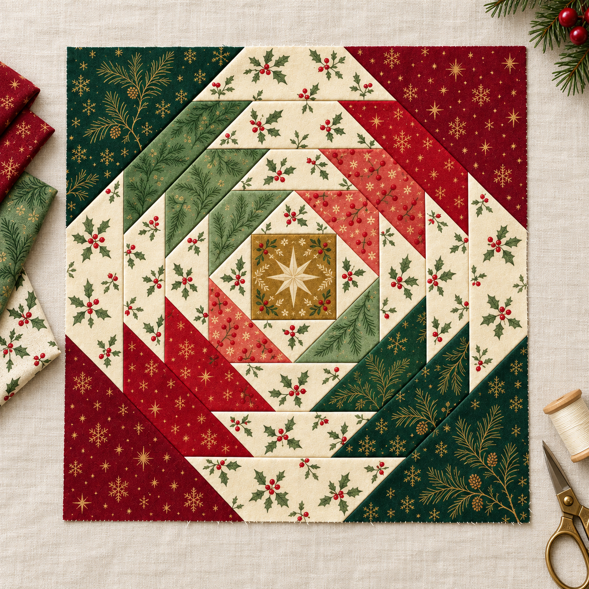 Classic Holly block with coordinating red, green and ivory quilting fabrics
