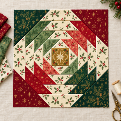 Classic Holly block with coordinating red, green and ivory quilting fabrics