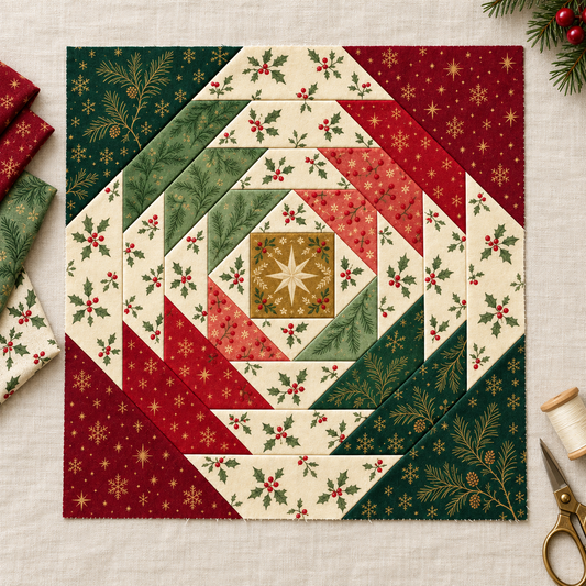 Classic Holly block with coordinating red, green and ivory quilting fabrics