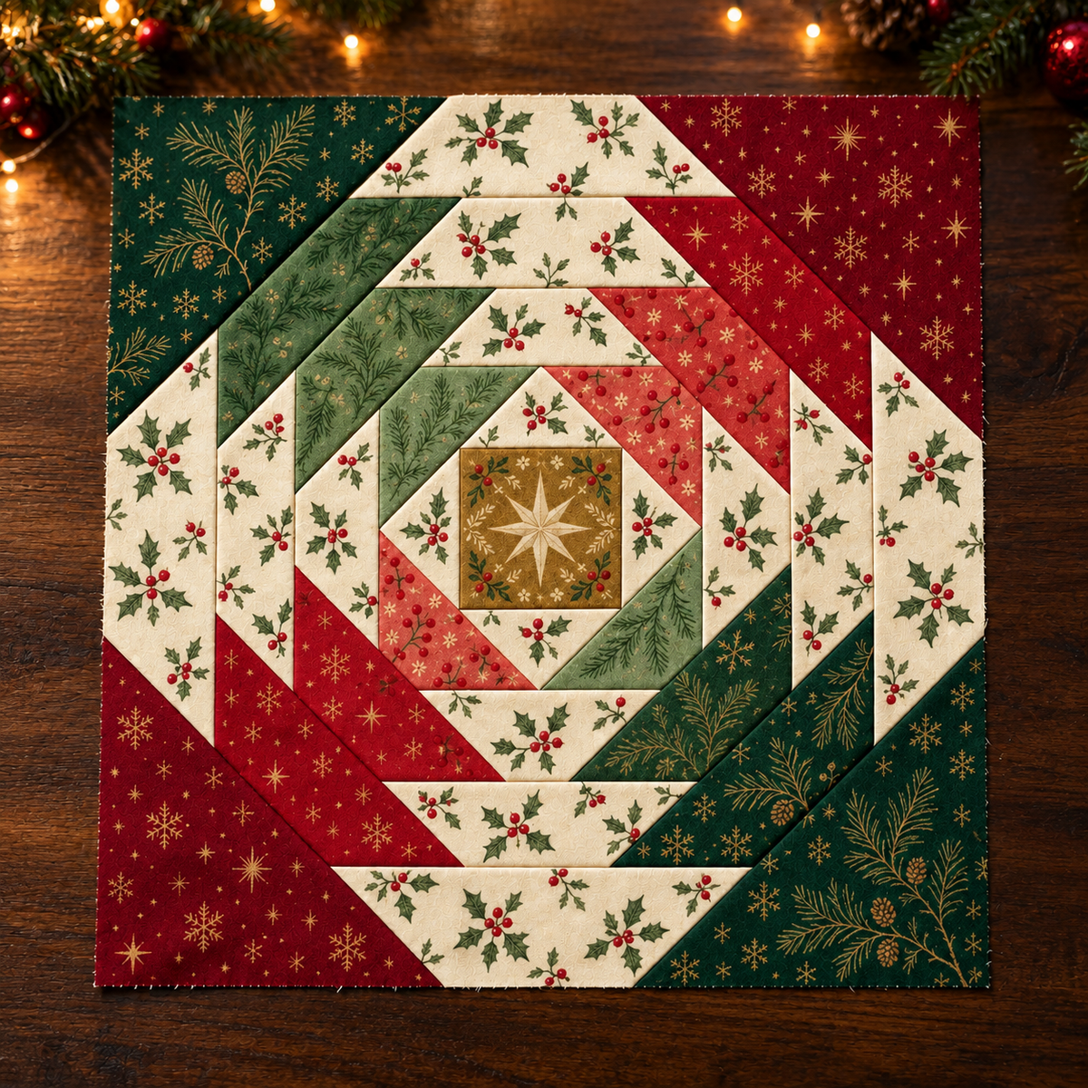 Classic Holly Christmas block styled beside warm festive lights