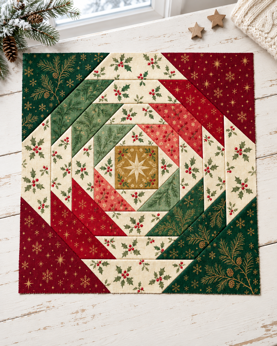 Classic Holly pineapple block on a bright winter craft table