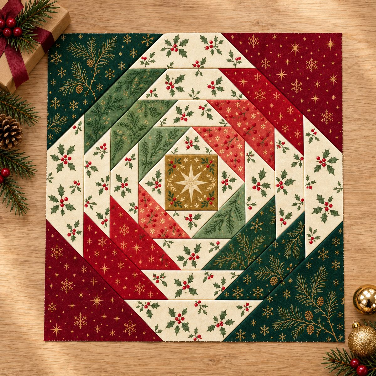 Classic Holly Christmas block styled beside a wrapped holiday gift